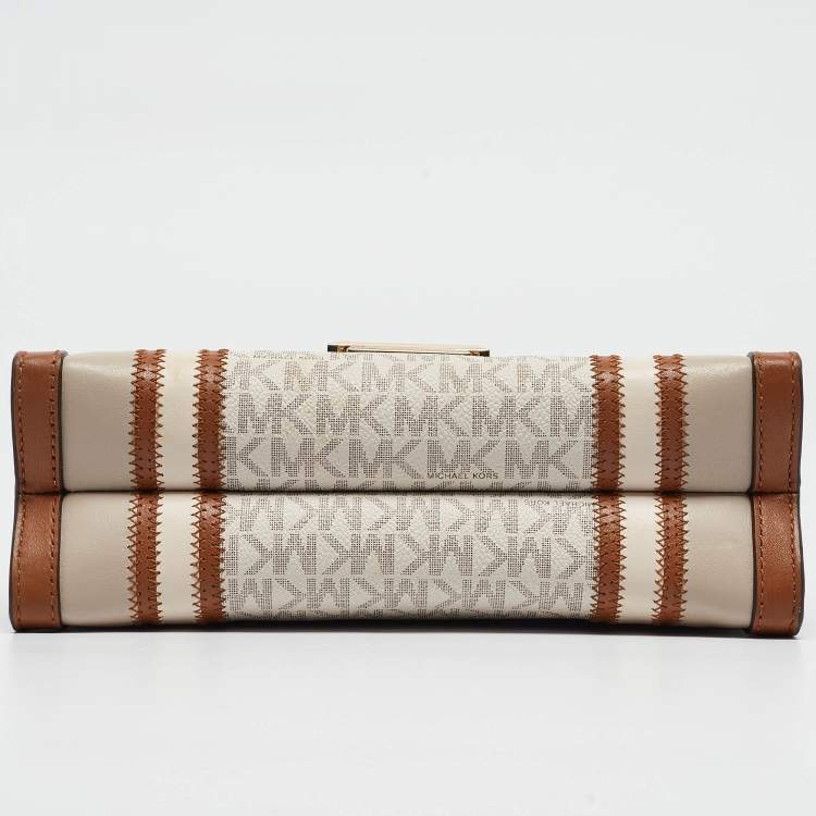 Pre Owned Michael Kors Beige/Brown Signature Coated Canvas and Leather Large Whitney Shoulder Bag