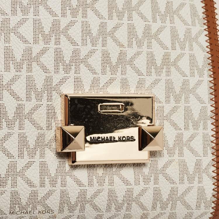 Pre Owned Michael Kors Beige/Brown Signature Coated Canvas and Leather Large Whitney Shoulder Bag