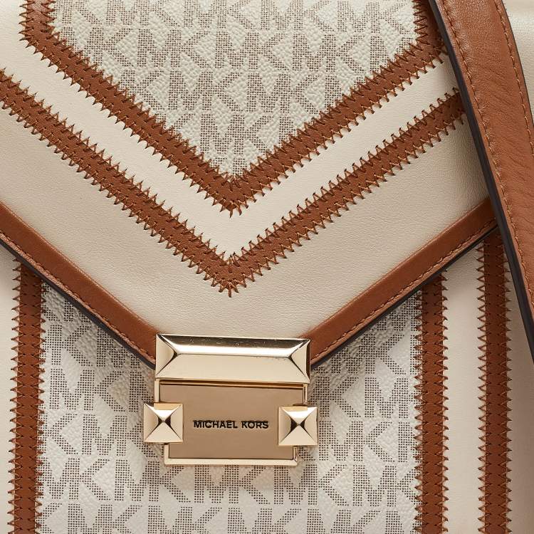 Pre Owned Michael Kors Beige/Brown Signature Coated Canvas and Leather Large Whitney Shoulder Bag