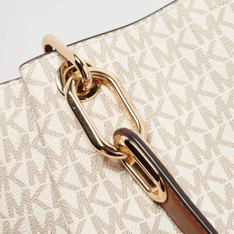 Pre Owned Michael Kors White/Brown Signature Coated Canvas and Leather Trisha Tote