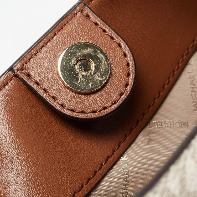 Pre Owned Michael Kors White/Brown Signature Coated Canvas and Leather Trisha Tote