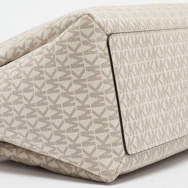 Pre Owned Michael Kors White/Brown Signature Coated Canvas and Leather Trisha Tote