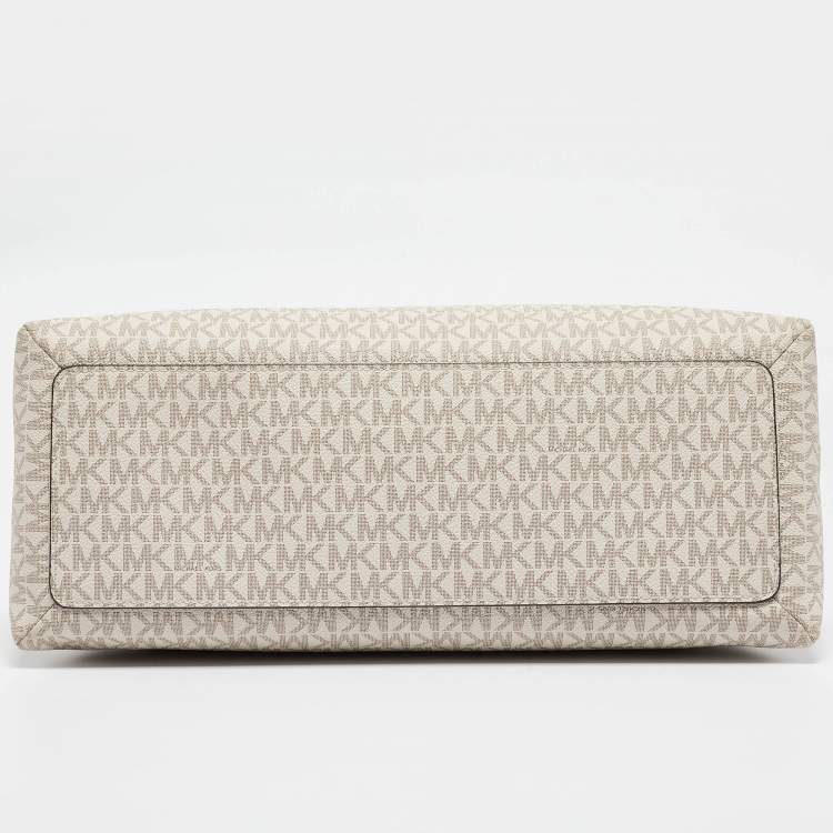 Pre Owned Michael Kors White/Brown Signature Coated Canvas and Leather Trisha Tote