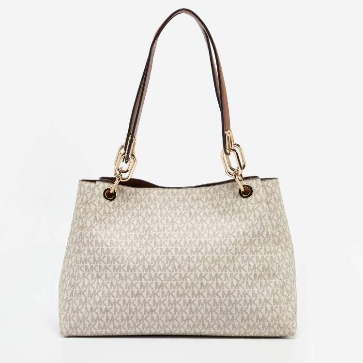 Pre Owned Michael Kors White/Brown Signature Coated Canvas and Leather Trisha Tote