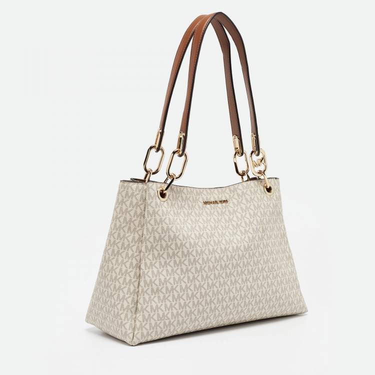 Pre Owned Michael Kors White/Brown Signature Coated Canvas and Leather Trisha Tote