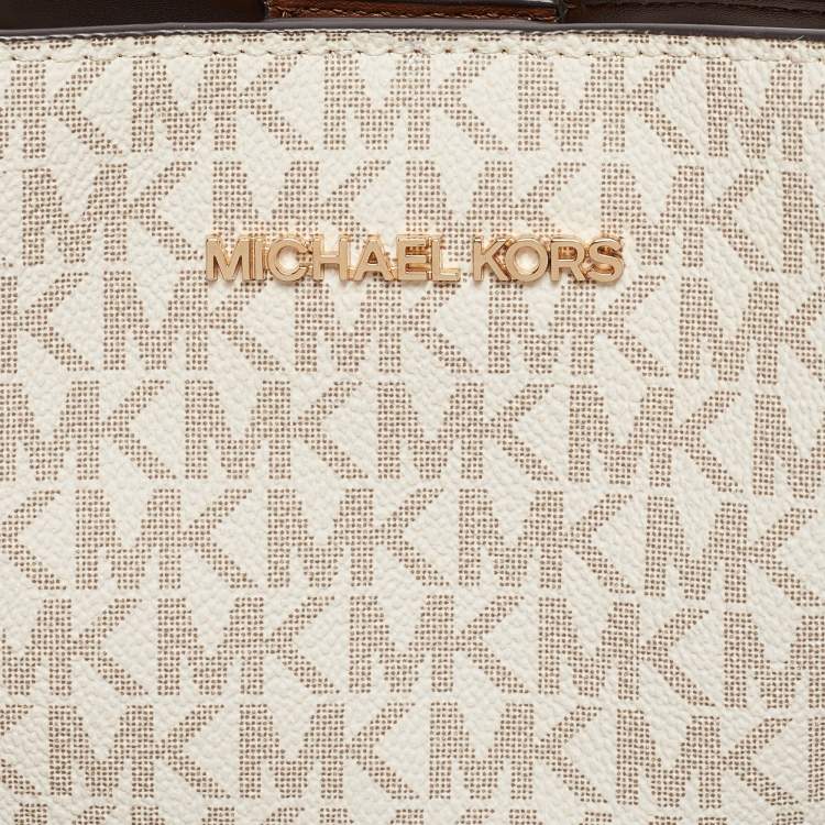 Pre Owned Michael Kors White/Brown Signature Coated Canvas and Leather Trisha Tote