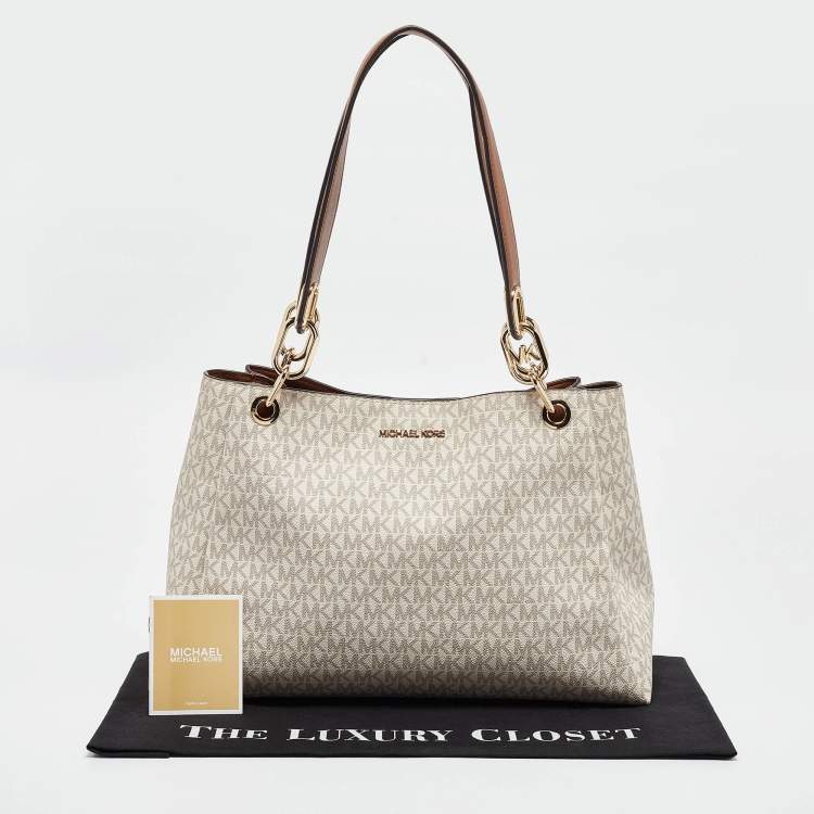 Pre Owned Michael Kors White/Brown Signature Coated Canvas and Leather Trisha Tote