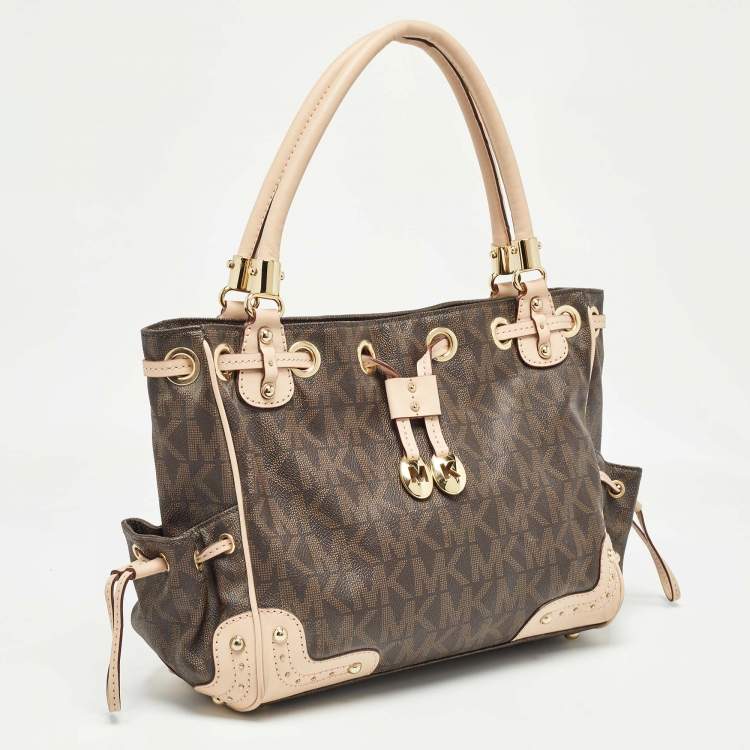 مملوكة مسبقًا Michael Kors Brown/Beige Monogram Coated Canvas and Leather Drawstring Bag