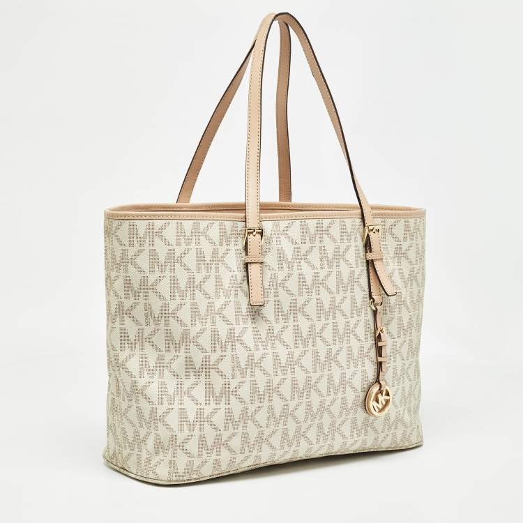 Pre Owned Michael Kors Beige/White Signature Coated Canvas and Leather Jet Set Tote