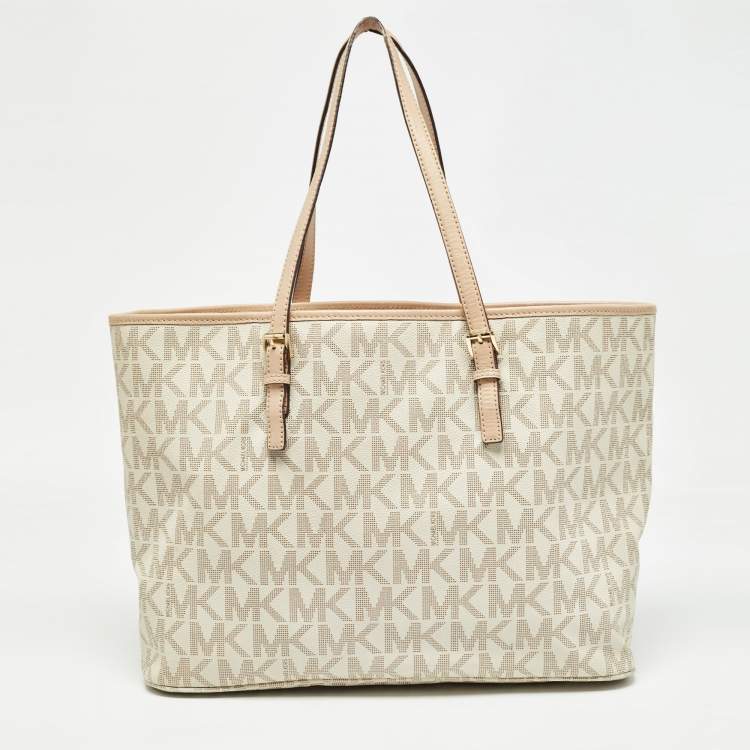 Pre Owned Michael Kors Beige/White Signature Coated Canvas and Leather Jet Set Tote