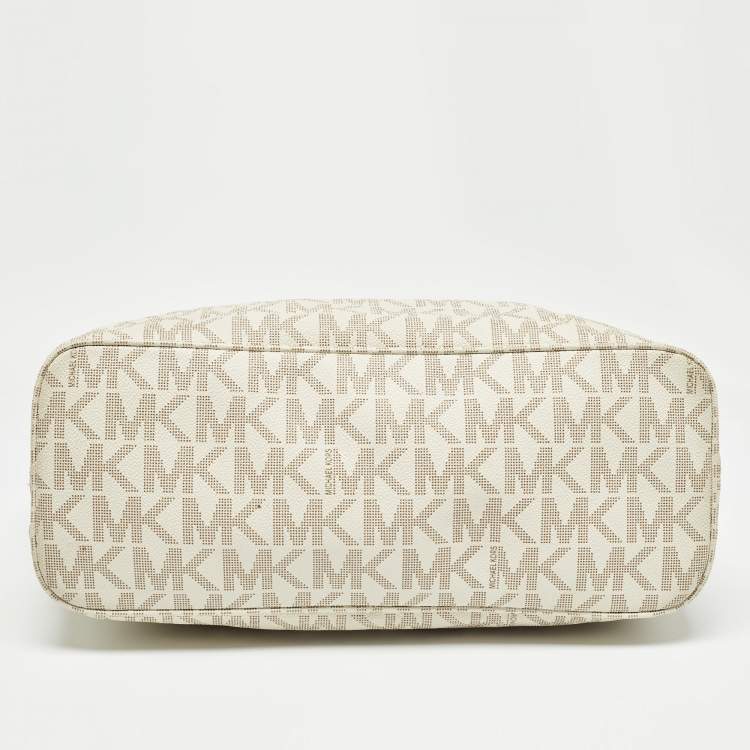 Pre Owned Michael Kors Beige/White Signature Coated Canvas and Leather Jet Set Tote