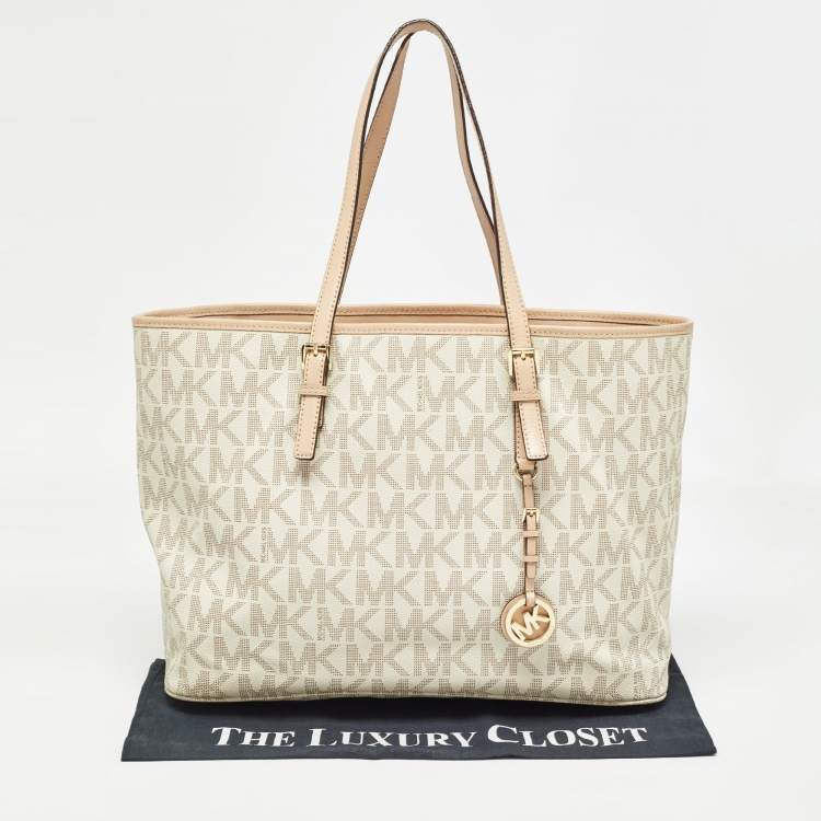 Pre Owned Michael Kors Beige/White Signature Coated Canvas and Leather Jet Set Tote