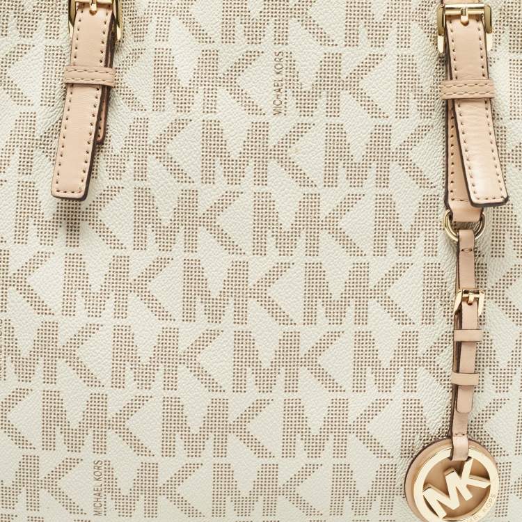 Pre Owned Michael Kors Beige/White Signature Coated Canvas and Leather Jet Set Tote