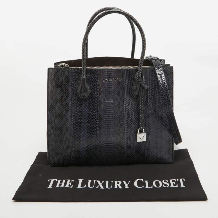 Pre Owned Michael Kors Navy Blue Watersnake Leather Large Mercer Tote