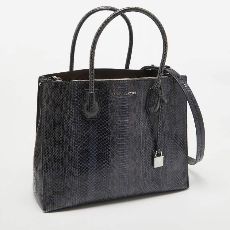 Pre Owned Michael Kors Navy Blue Watersnake Leather Large Mercer Tote
