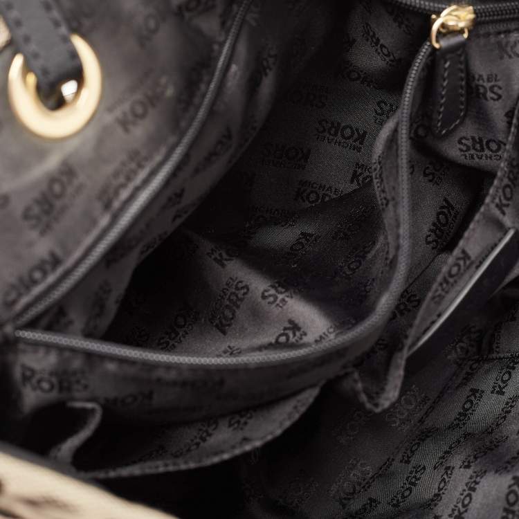 Pre Owned Michael Kors Black/Beige Signature Canvas and Leather Jet Set Tote