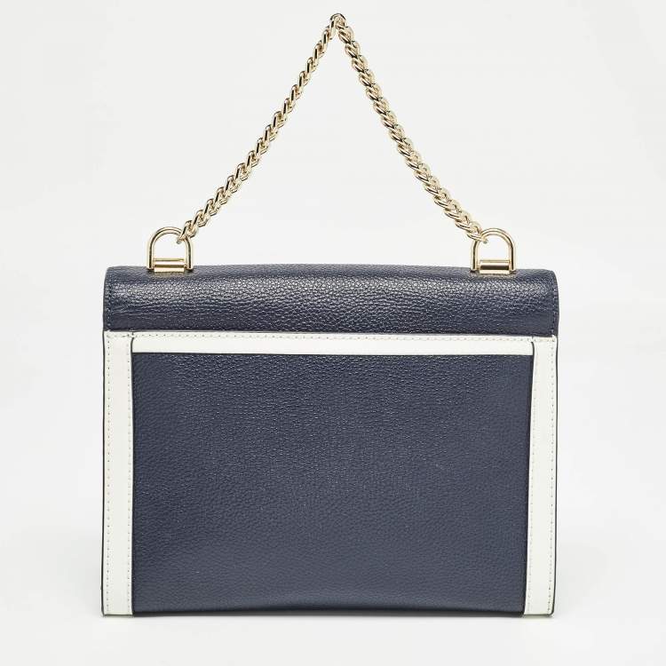 Pre Owned Michael Kors Dark Blue/White Leather Large Whitney Convertible Shoulder Bag