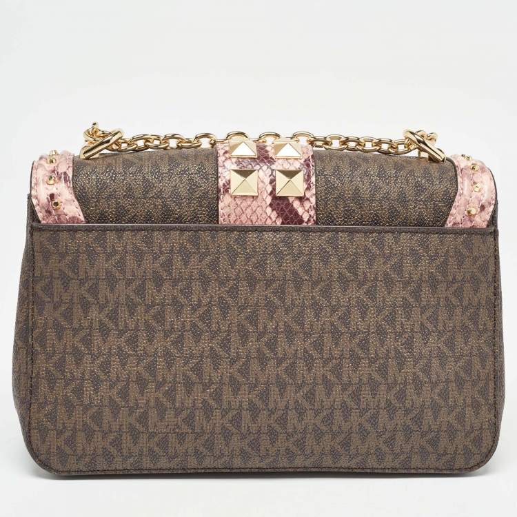 Pre Owned Michael Kors Brown/Pink Signature Coated Canvas & Python Embossed Large Studded Soho Shoulder Bag
