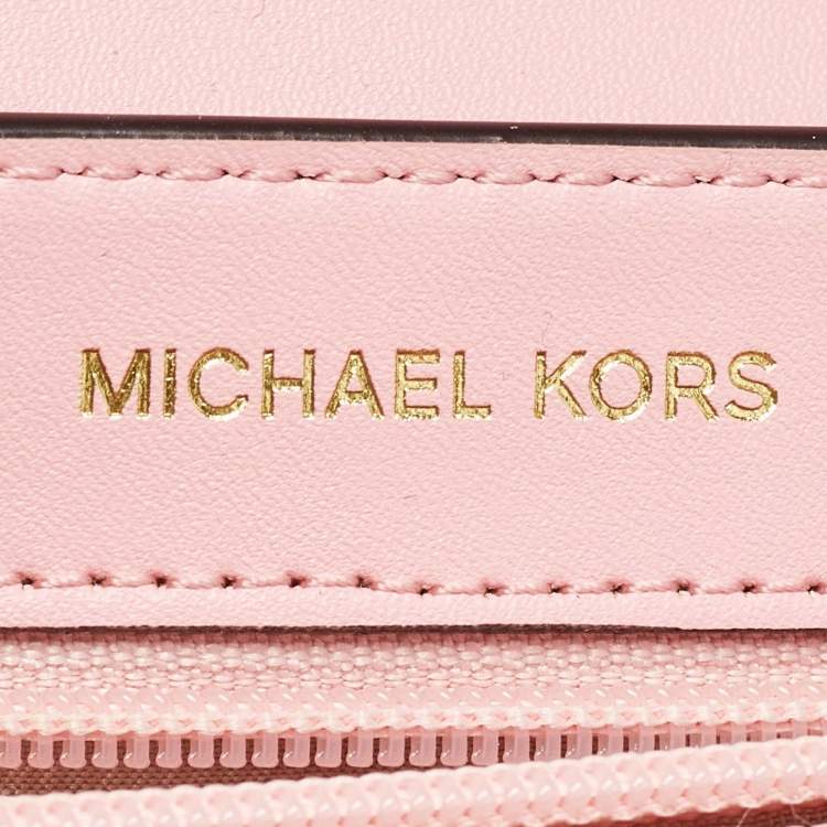 Pre Owned Michael Kors Brown/Pink Signature Coated Canvas & Python Embossed Large Studded Soho Shoulder Bag