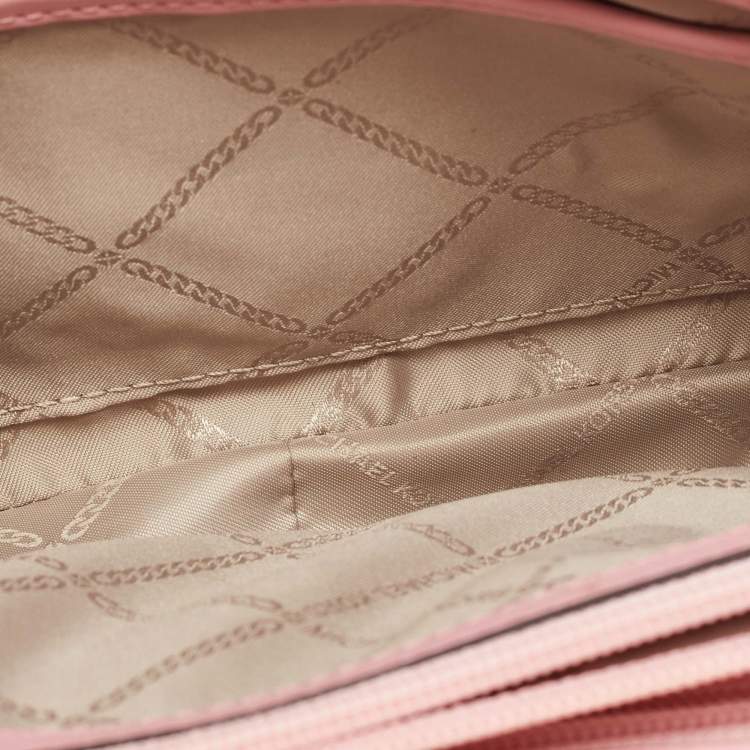 Pre Owned Michael Kors Brown/Pink Signature Coated Canvas & Python Embossed Large Studded Soho Shoulder Bag