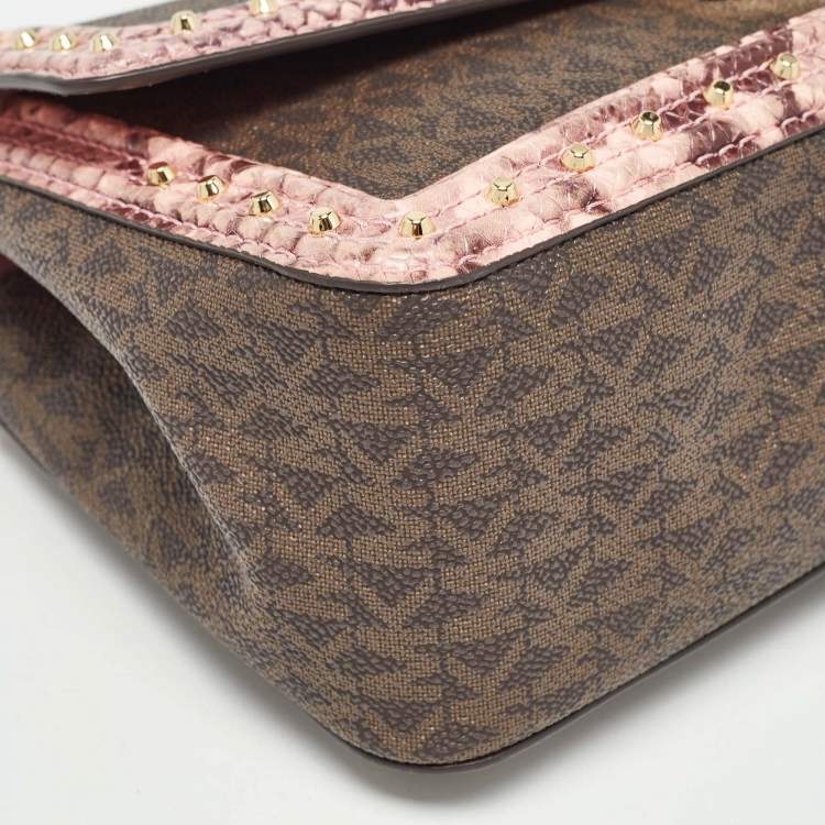 Pre Owned Michael Kors Brown/Pink Signature Coated Canvas & Python Embossed Large Studded Soho Shoulder Bag