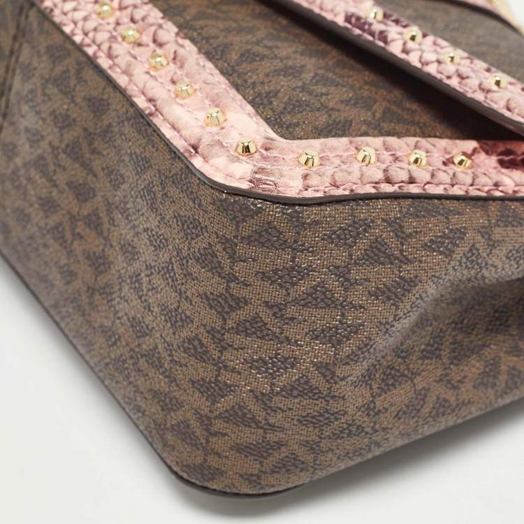 Pre Owned Michael Kors Brown/Pink Signature Coated Canvas & Python Embossed Large Studded Soho Shoulder Bag