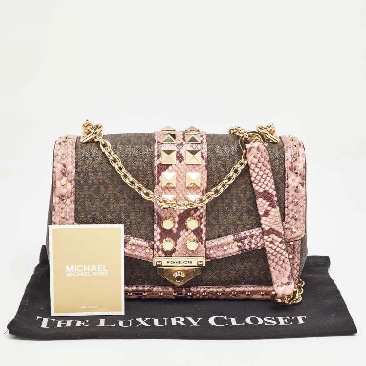 Pre Owned Michael Kors Brown/Pink Signature Coated Canvas & Python Embossed Large Studded Soho Shoulder Bag