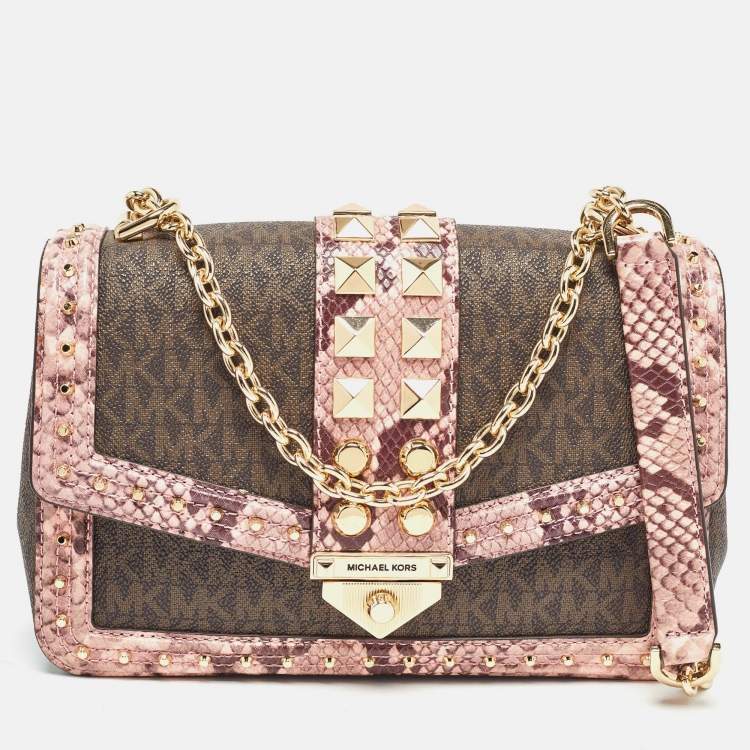 Pre Owned Michael Kors Brown/Pink Signature Coated Canvas & Python Embossed Large Studded Soho Shoulder Bag