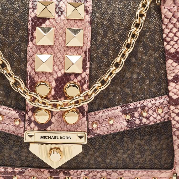 Pre Owned Michael Kors Brown/Pink Signature Coated Canvas & Python Embossed Large Studded Soho Shoulder Bag