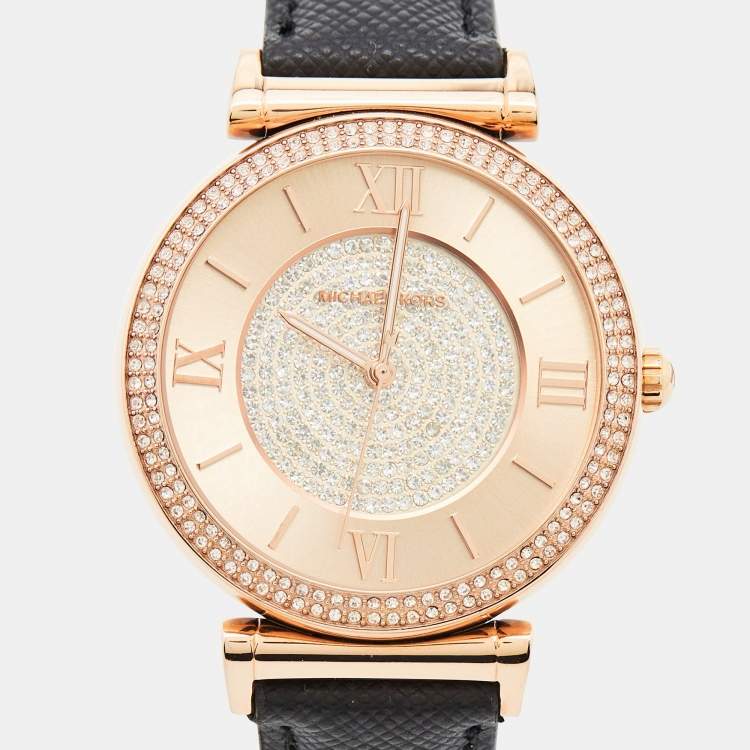 Pre Owned Michael Kors Champagne Crystal Pavéd Rose Gold Plated Stainless Steel Leather Catlin MK2376 Women's Wristwatch 38 mm