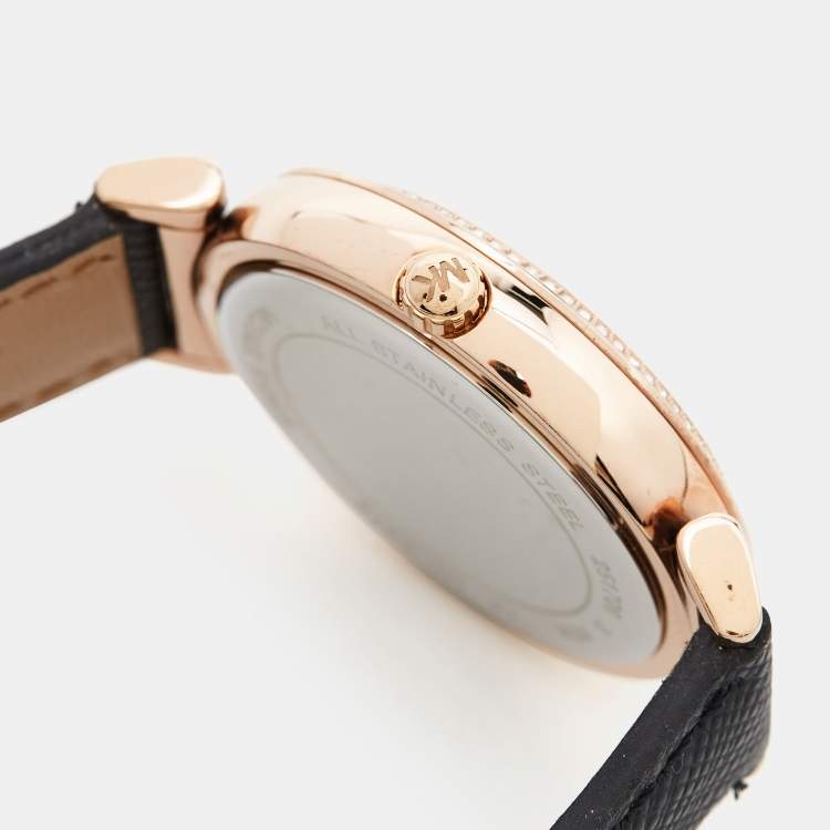 Pre Owned Michael Kors Champagne Crystal Pavéd Rose Gold Plated Stainless Steel Leather Catlin MK2376 Women's Wristwatch 38 mm