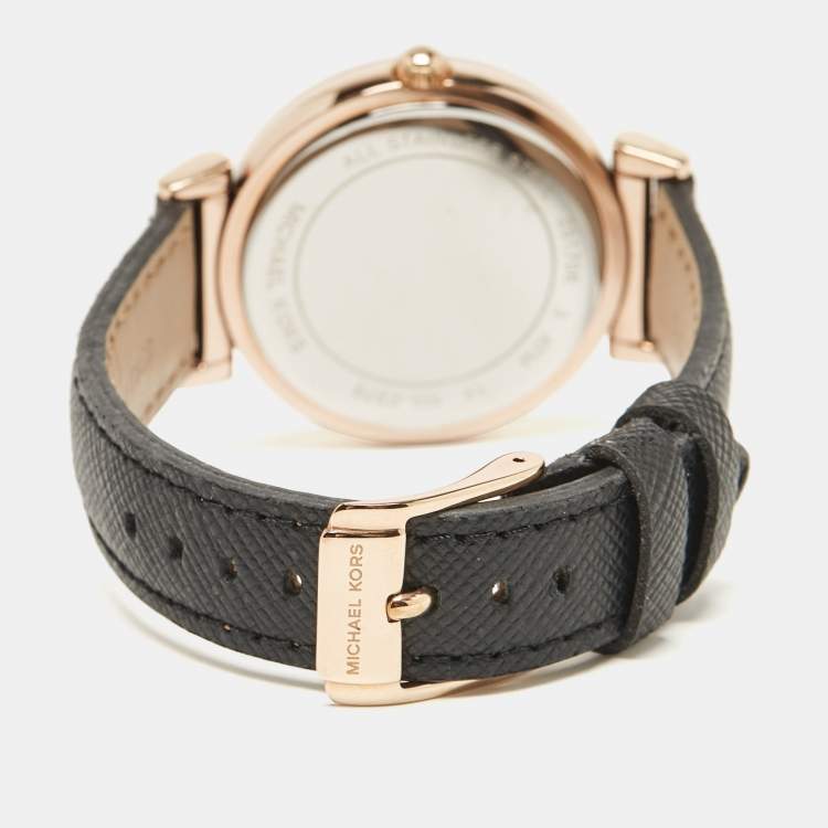 Pre Owned Michael Kors Champagne Crystal Pavéd Rose Gold Plated Stainless Steel Leather Catlin MK2376 Women's Wristwatch 38 mm