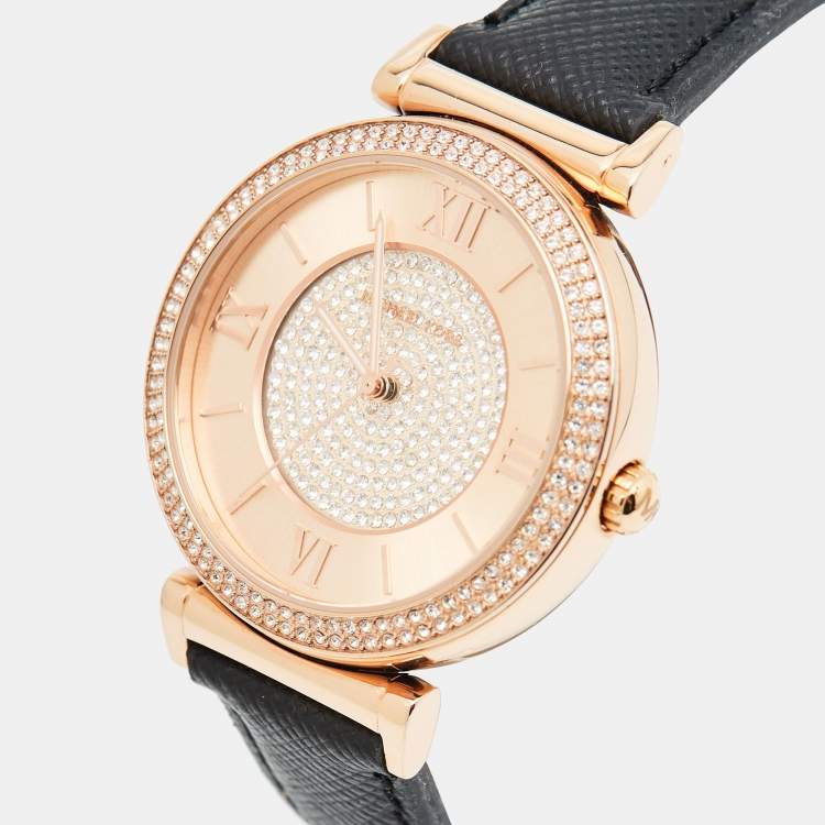 Pre Owned Michael Kors Champagne Crystal Pavéd Rose Gold Plated Stainless Steel Leather Catlin MK2376 Women's Wristwatch 38 mm