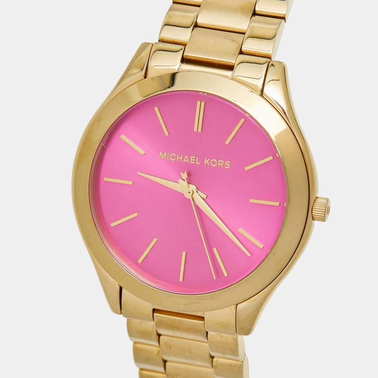 Pre Owned Michael Kors Pink Yellow Gold Plated Stainless Steel Runway MK3264 Women's Wristwatch 42 mm