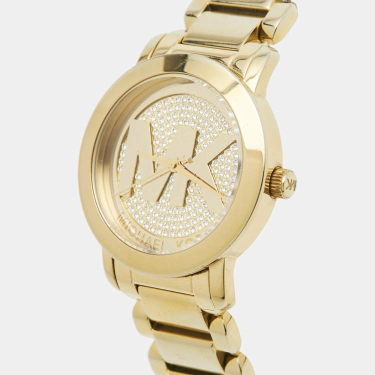 Pre Owned Michael Kors Champagne Gold Plated Stainless Steel Runway MK5432 Women's Wristwatch 38 mm 