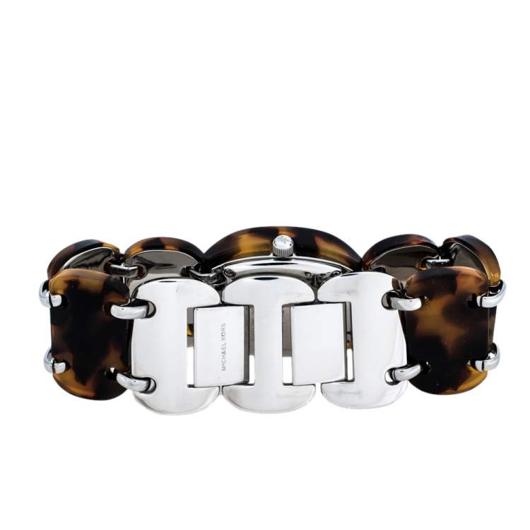 Pre Owned Michael Kors Brown Tortoise Acetate Stainless Steel MK4178 Women's Wristwatch 26 mm