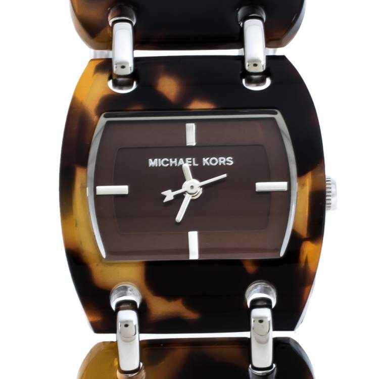 Pre Owned Michael Kors Brown Tortoise Acetate Stainless Steel MK4178 Women's Wristwatch 26 mm