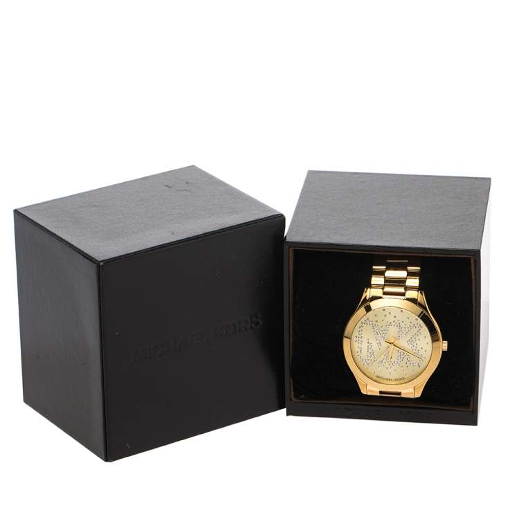 Pre Owned Michael Kors Yellow Gold Tone Stainless Steel Slim Runway MK3590 Women's Wristwatch 42 mm