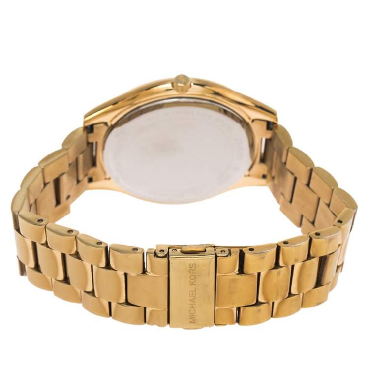Pre Owned Michael Kors Yellow Gold Tone Stainless Steel Slim Runway MK3590 Women's Wristwatch 42 mm
