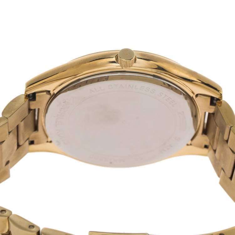 Pre Owned Michael Kors Yellow Gold Tone Stainless Steel Slim Runway MK3590 Women's Wristwatch 42 mm