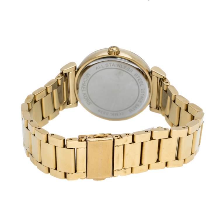 Pre Owned Michael Kors Black/Crystal Pave Gold Tone Stainless Steel Catlin MK3338 Women's Wristwatch 38 mm