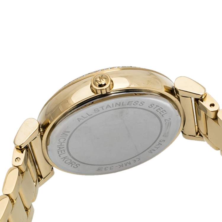 Pre Owned Michael Kors Black/Crystal Pave Gold Tone Stainless Steel Catlin MK3338 Women's Wristwatch 38 mm