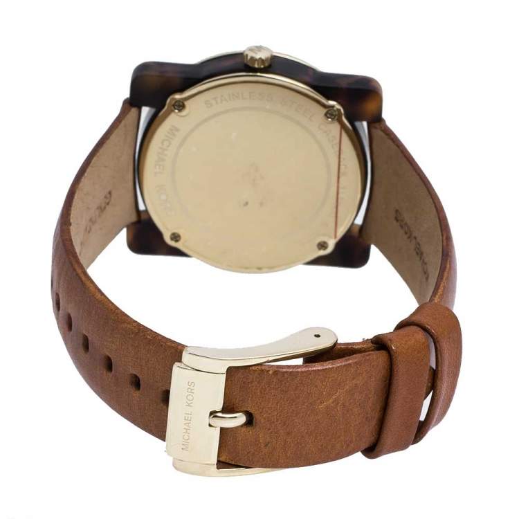 Pre Owned  Michael Kors Brown Camouflage Gold Tone Stainless Steel Tortoise Shell Acetate Leather Kempton MK2484 Women's Wristwatch 39 mm