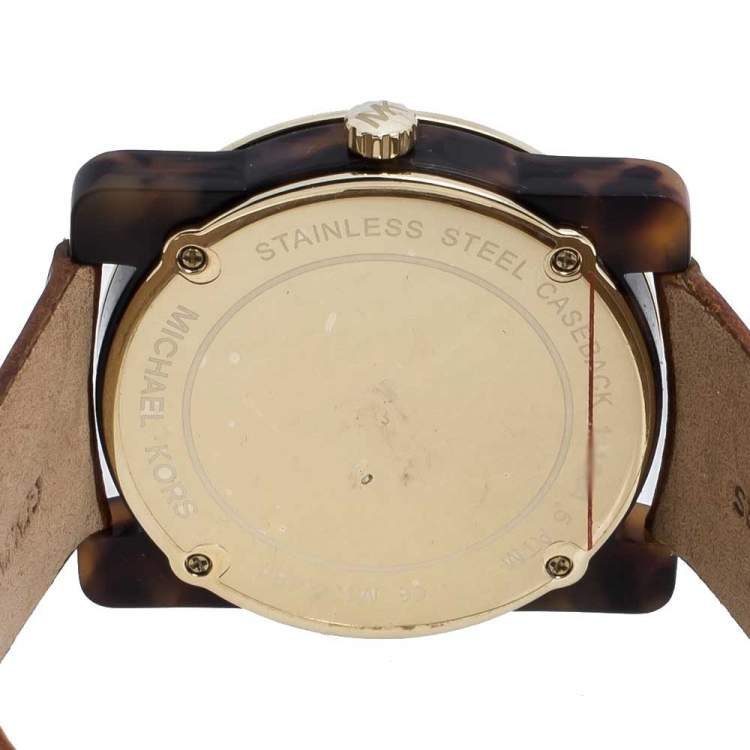 Pre Owned  Michael Kors Brown Camouflage Gold Tone Stainless Steel Tortoise Shell Acetate Leather Kempton MK2484 Women's Wristwatch 39 mm