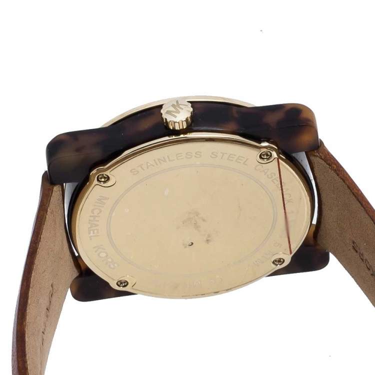 Pre Owned  Michael Kors Brown Camouflage Gold Tone Stainless Steel Tortoise Shell Acetate Leather Kempton MK2484 Women's Wristwatch 39 mm