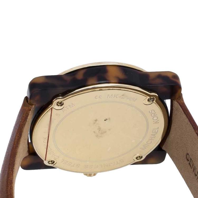 Pre Owned  Michael Kors Brown Camouflage Gold Tone Stainless Steel Tortoise Shell Acetate Leather Kempton MK2484 Women's Wristwatch 39 mm