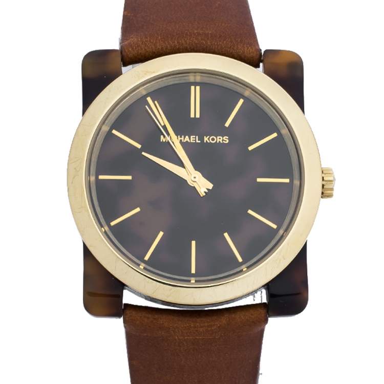 Pre Owned  Michael Kors Brown Camouflage Gold Tone Stainless Steel Tortoise Shell Acetate Leather Kempton MK2484 Women's Wristwatch 39 mm