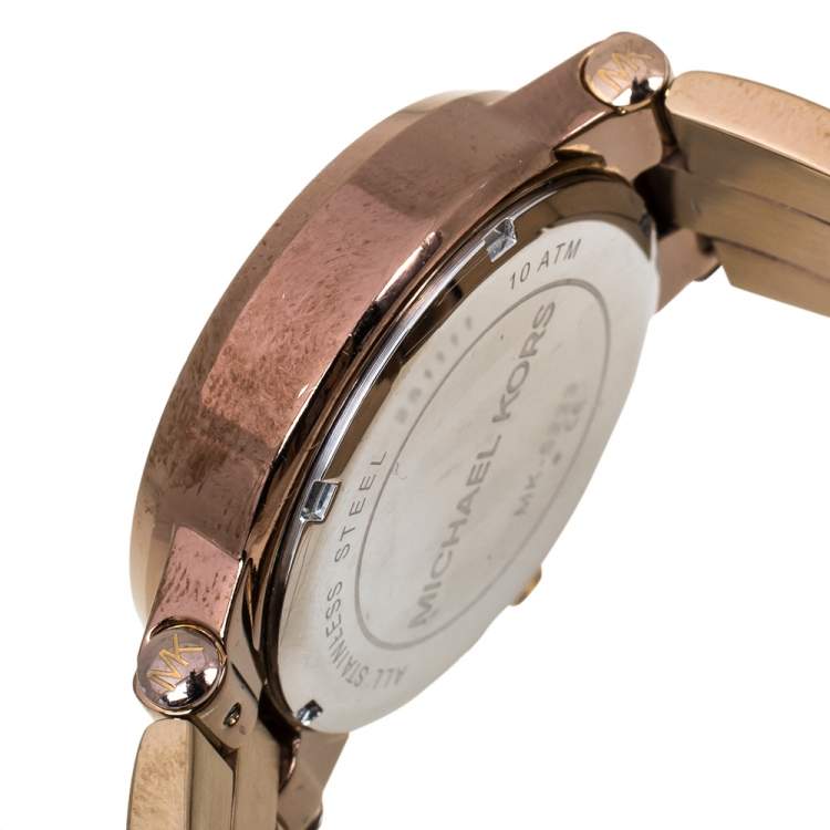 Pre Owned Michael Kors White Rose Gold Tone Stainless Steel Runway MK5223 Women's Wristwatch 38 mm