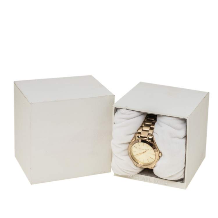 Pre Owned Michael Kors Champagne Yellow Gold Tone Slim Runway MK3512 Women's Wristwatch 32mm