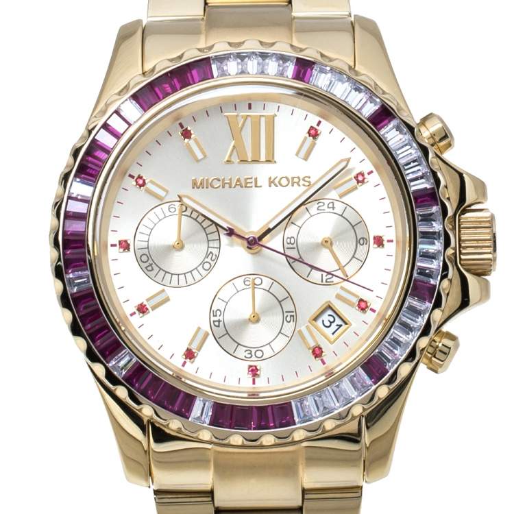 Pre Owned Michael Kors Baguette Crystals Gold Tone Stainless Steel Everest MK5871 Women's Wristwatch 41MM